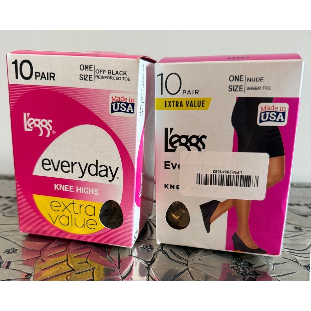 NIB Lot of TWO L'eggs Knee Highs - 1 Nude Sheer Toe; 1 Off Black Reinforced Toe